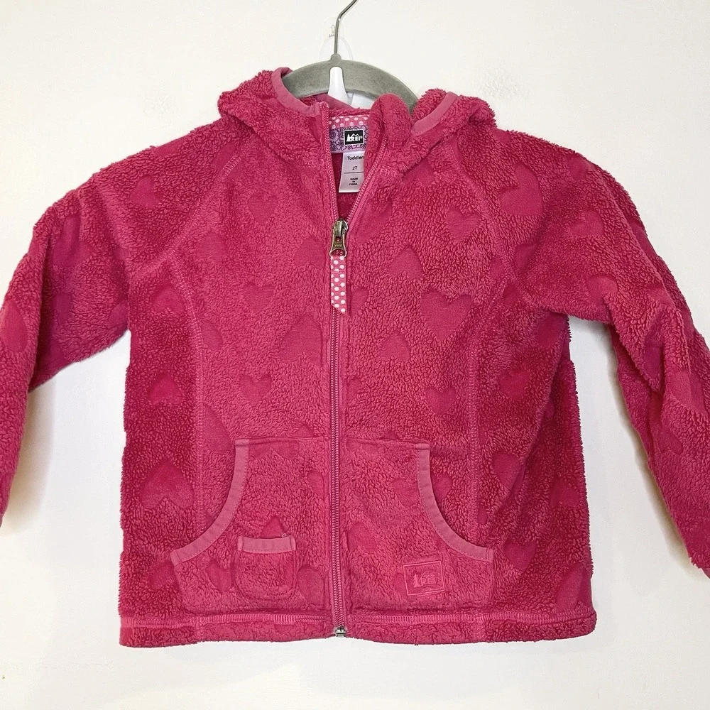 REI Fleece Zip Fleece Sweatshirt Top Hoodie Hot Pink Heart Valentine's Day 2T